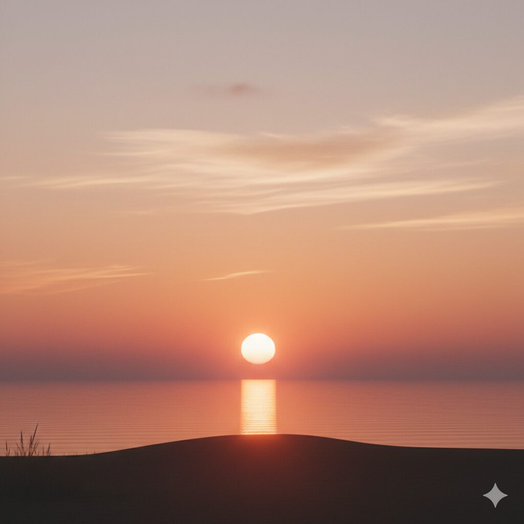 夕暮れの空、柔らかなオレンジとピンクのゆっくりと沈む太陽