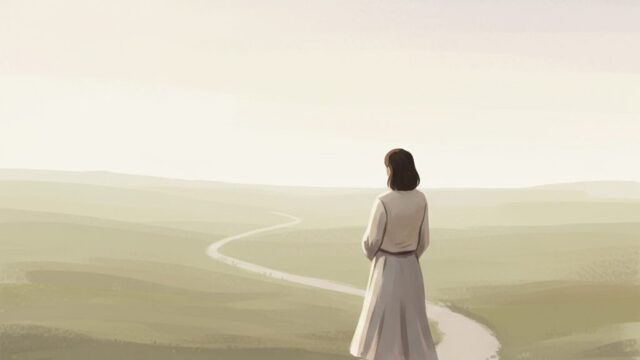 柔らかな朝日が差し込む道を、ゆっくり歩く人物の後ろ姿。