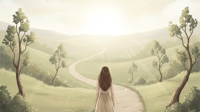 静かな朝の光の中で、一本道をゆっくり歩いている女性の後ろ姿