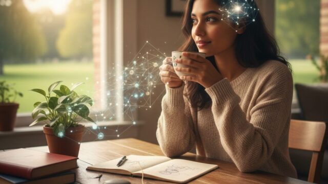 日常生活の中で潜在意識からのサインを受け取り、インスピレーションを感じている女性のイメージ画像