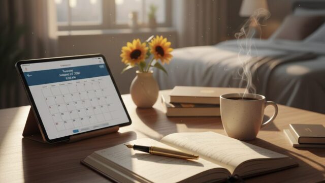 穏やかな朝のルーティンをイメージした、コーヒーとノートがある机の上の風景