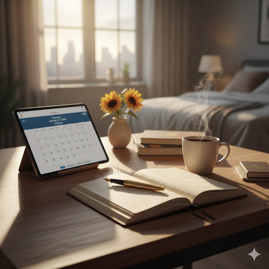 穏やかな朝のルーティンをイメージした、コーヒーとノートがある机の上の風景