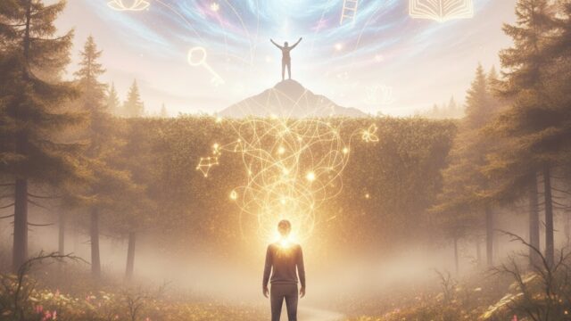 潜在意識を活用して夢を実現するイメージ画像。明るい光に包まれた森の道と、未来を描く人物のシルエット。