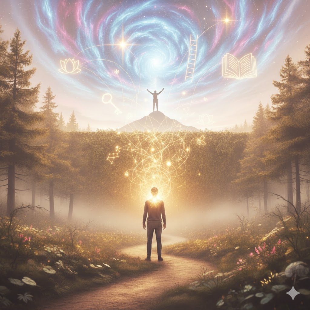 潜在意識を活用して夢を実現するイメージ画像。明るい光に包まれた森の道と、未来を描く人物のシルエット。