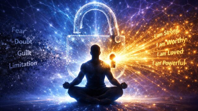 クンバハカで潜在意識のロックを解除し、恐れや制限を解放して自己肯定の言葉が広がる様子を表現したイメージ画像