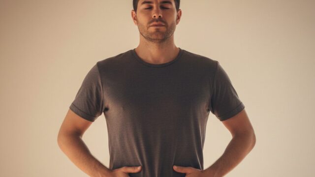 丹田に意識を向けて呼吸を整える男性。中村天風の教えに基づく実践イメージ