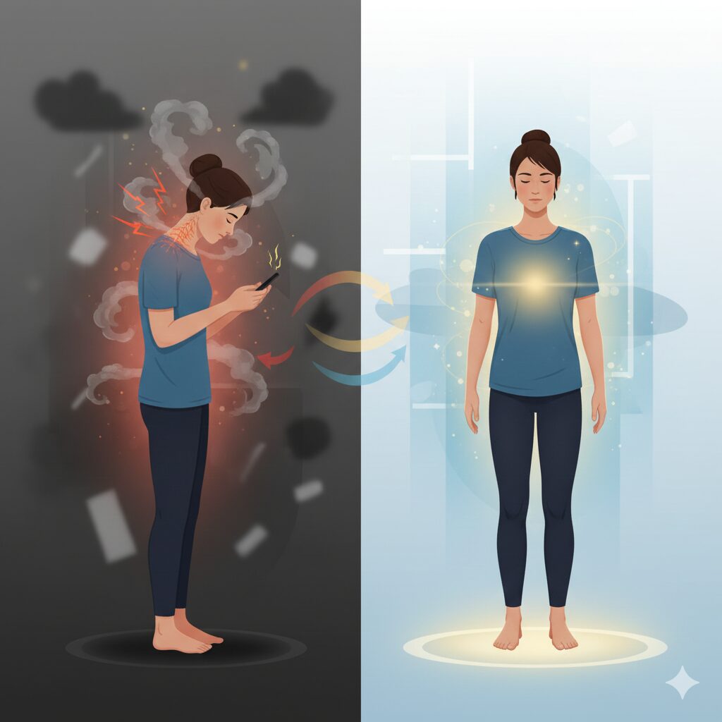 スマホによるストレス状態(左)と、呼吸と意識を整え心身が調和した状態(右)を対比したイラスト。