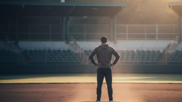 静かな野球場のマウンドに立ち、朝日を浴びながら集中するアスリートの後ろ姿