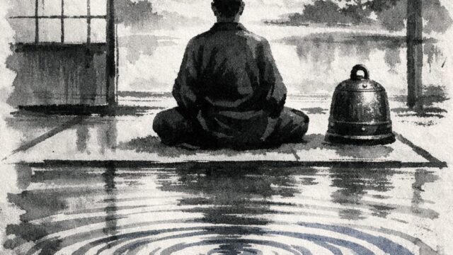 静寂の中で座る人物と、波紋が広がる水面のイメージ