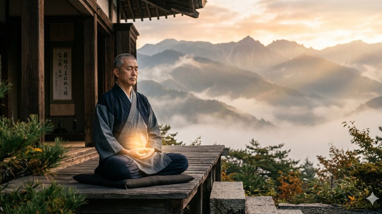 静かに瞑想する人物と丹田を示す光のイメージ