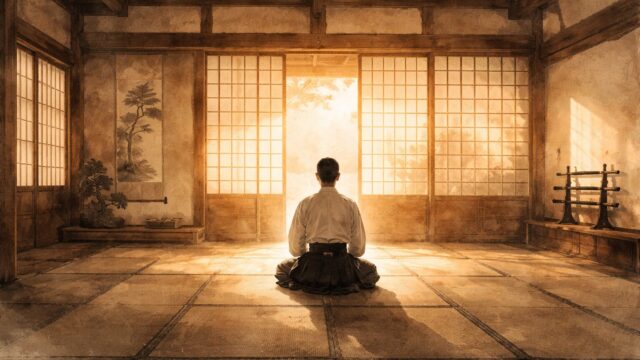静かに瞑想する和装の男性と、穏やかな光が差し込む道場の風景